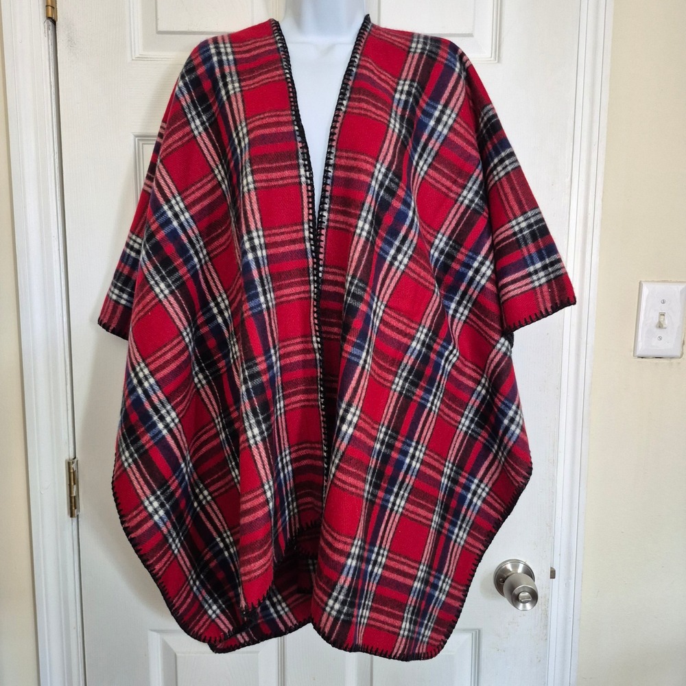 Woolrich Red Plaid Open Front Poncho Wrap Blanket Stitch One Size